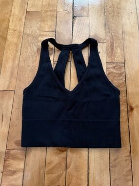 Yogalicious Black Ribbed V-Neck Racerback Crop Top